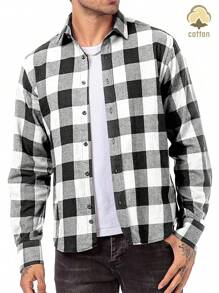男士格子休闲长袖衬衫 - 黑與白 - 查看 2