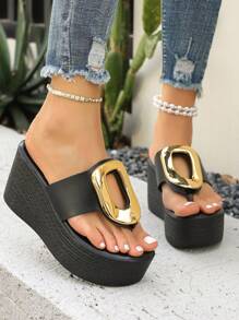 女士新款坡跟时尚果冻厚底凉鞋，轻便舒适，瞬间拉长腿部线条，人字拖，春夏穿搭 - 黑色 - 查看 2