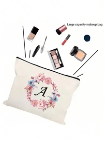 1pc Fashionable And Simple Printed Patchwork Cosmetic Bag, White Small Bag, Peony Wreath Black Letters A-Z, Cosmetic Bag, Portable Toiletry Bag, Birthday Gift, Reusable Cosmetic Bag, Simple Large-Capacity Travel Cosmetic Bag, Headphones, Accessories Storage, Coin Purse, Multi-Functional Portable Gift, Portable Leisure Storage Bag, - Letter Toiletry Bag - View 6