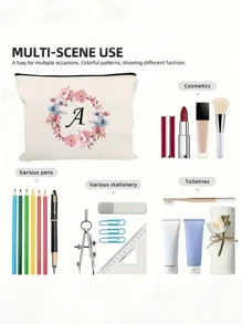 1pc Fashionable And Simple Printed Patchwork Cosmetic Bag, White Small Bag, Peony Wreath Black Letters A-Z, Cosmetic Bag, Portable Toiletry Bag, Birthday Gift, Reusable Cosmetic Bag, Simple Large-Capacity Travel Cosmetic Bag, Headphones, Accessories Storage, Coin Purse, Multi-Functional Portable Gift, Portable Leisure Storage Bag, - Letter Toiletry Bag - View 7