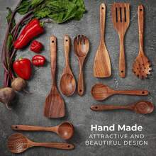 圣诞节10件套木勺，光滑柚木厨房用具套装，不粘锅，轻便耐热，厨房烘焙配件，带礼盒，新年家居装饰礼品 - 棕色 - 查看 4