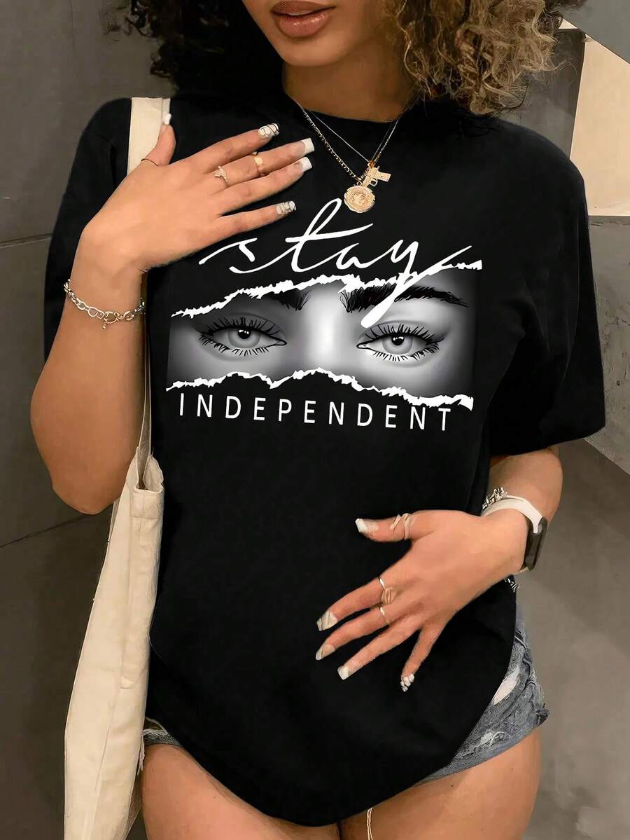 时尚黑色休闲日常印花圆领 T 恤