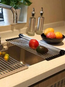 1pc, Roll Up Dish Drying Rack, Stainless Steel Multifunctional Dish Drain Board Rack, Silicone Surround Roll Up Dish Drying Rack, Rollable Dish Drainer For Kitchen Sink, Kitchen Tool