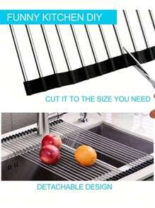 1pc, Roll Up Dish Drying Rack, Stainless Steel Multifunctional Dish Drain Board Rack, Silicone Surround Roll Up Dish Drying Rack, Rollable Dish Drainer For Kitchen Sink, Kitchen Tool