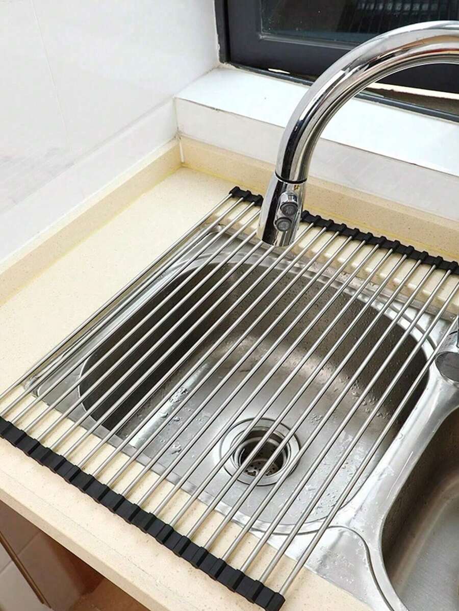 1pc, Roll Up Dish Drying Rack, Stainless Steel Multifunctional Dish Drain Board Rack, Silicone Surround Roll Up Dish Drying Rack, Rollable Dish Drainer For Kitchen Sink, Kitchen Tool