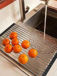 1pc, Roll Up Dish Drying Rack, Stainless Steel Multifunctional Dish Drain Board Rack, Silicone Surround Roll Up Dish Drying Rack, Rollable Dish Drainer For Kitchen Sink, Kitchen Tool