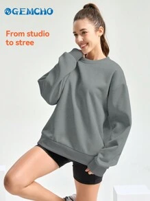 GEMCHO Moletom feminino casual com gola redonda, moletom básico sólido, simples, diário, primavera/verão - Cinza - Ver 7