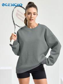 GEMCHO Moletom feminino casual com gola redonda, moletom básico sólido, simples, diário, primavera/verão - Cinza - Ver 4