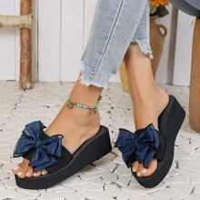Women's Solid Color Sandals, Bowknot Decor Slip On Platform Beach Slides, Non-Slip Vacation Wedge Slides