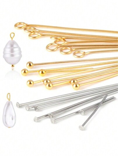 100 piezas Alfileres con color dorado, 50 piezas de acero, 9 piezas de alfileres en forma de T de acero inoxidable, alfileres con bola, tamaños de 20 a 50 mm, resistentes al color, flexibles y cortables, para hacer manualmente pulseras, collares, aretes, accesorios de joyería, material para hacer joyería
