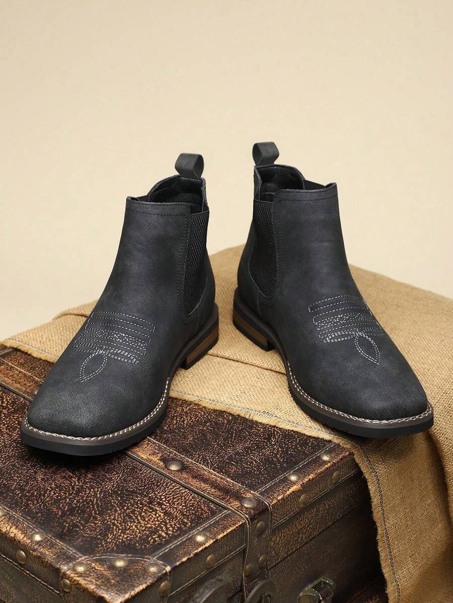 1双男士新款复古弹力拼接PU皮鞋面橡胶鞋底防滑舒适休闲皮靴 - 黑色 - 查看 1