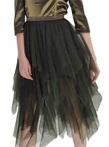 Women Fashion Midi Skirts Contrast Color/Solid Color Elastic High Waist Irregular Ruffles Multi-Layered Tulle Tutu Skirts - 綠色 - 查看 2