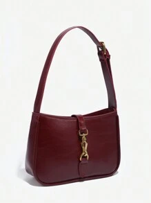 Women's Retro Minimalist Synthetic Leather Angora Red Snap Decor Shoulder Underarm Bread Loaf-Shaped Handbag, Suitable For Work, Commute, Dates, Parties