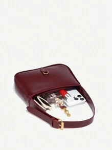 Women's Retro Minimalist Synthetic Leather Angora Red Snap Decor Shoulder Underarm Bread Loaf-Shaped Handbag, Suitable For Work, Commute, Dates, Parties