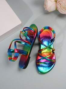 Sandalias de verano planas estilo princesa de niña con diseño arcoíris, sandalias versátiles de moda para exterior - Multicolor - Ver 6