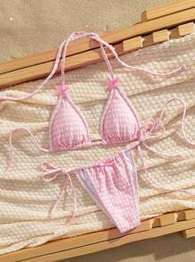 PEPPERMOLLY 全新格子蝴蝶结装饰优雅吊带比基尼套装，夏季时尚沙滩派对女士泳装