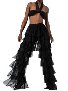 Women Wide Leg Pants, High Waist Layered Tulle Pants Loose Long Trousers Streetwear