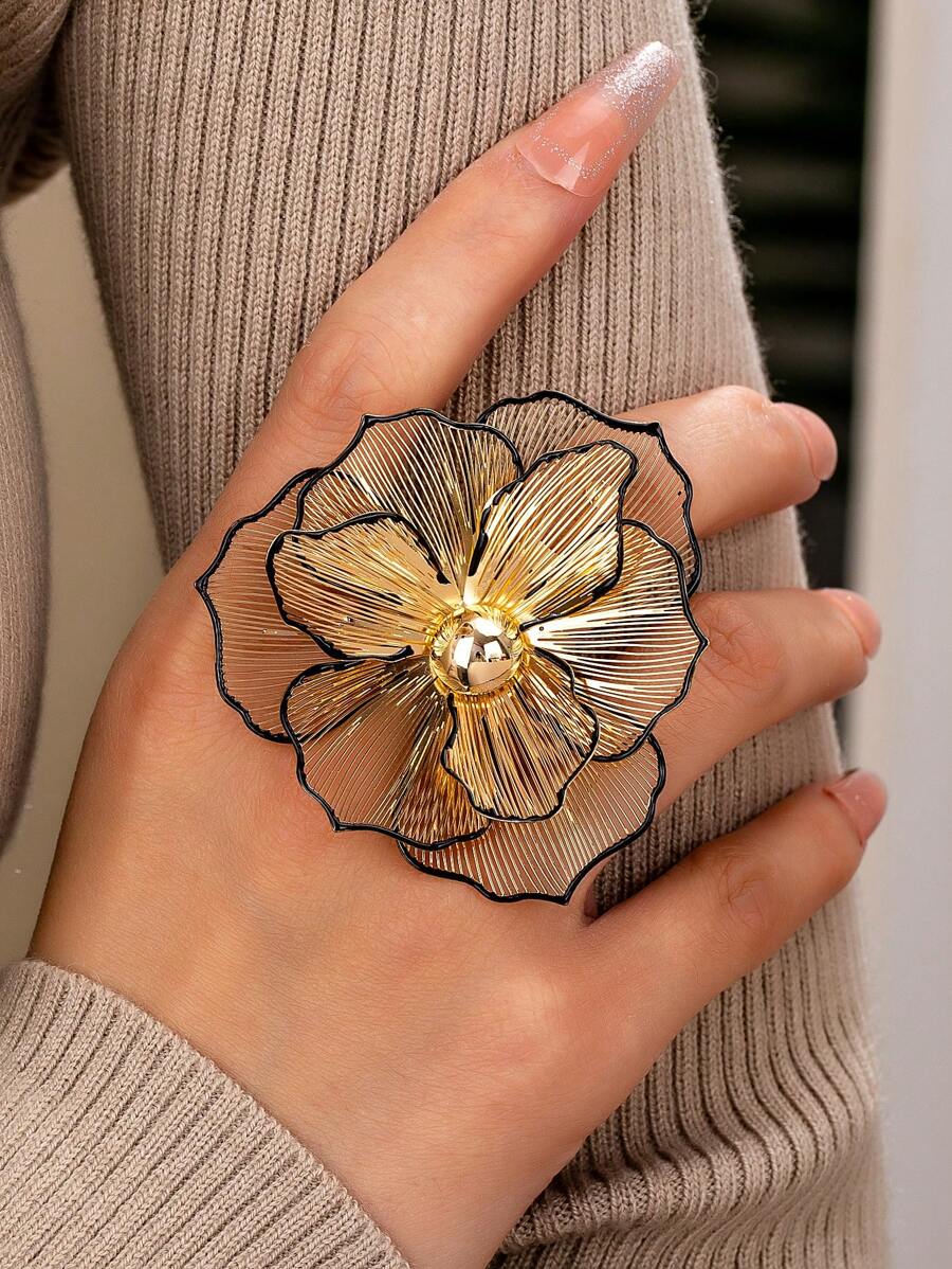 1 pieza Anillo con flor exquisita de color dorado, anillo de declaración de pétalos de flor esmaltada para mujer, joyería para mujer para el Día de San Valentín