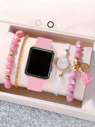 1/4/5 件优雅可爱的女孩数字手表方形时尚粉色电子手表适合女孩精致手链套装送给妈妈圣诞礼物感恩节返校旅行一切