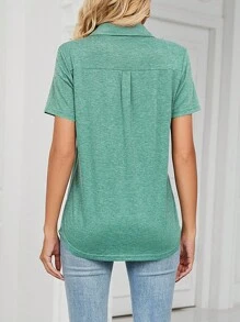 Women's V Neck Polo Shirts Collared Work Tops Summer Loose Short Sleeves Business Top With Pockets - 綠色 - 查看 6