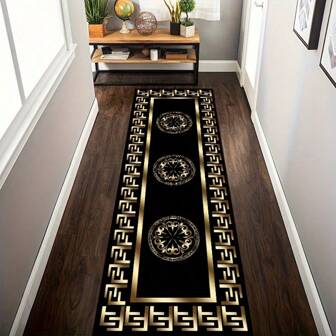 1pc 'Black Background, Gold F Pattern, Solid Wire Frame Inside Frame, Gold Circular Pattern In Center' Non-Slip Runner Rug, Machine Washable, Carpet For Entryway Living Room Bedroom Room, Outdoor Patio Garden Yard Decor Rug, Home Decor, Room Decor, Area Rug, Tapestry