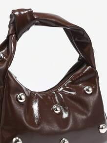 1 Stück Retro minimalistischer Handtasche mit künstlicher Webstruktur, Angola-Rot, Nieten, ölige Wachs-PU-Leder, großes Fassungsvermögen, Wolken-Design und Halbmond-Form, geeignet für Ausflüge, Partys und die tägliche Verwendung - Braun - Übersicht 3