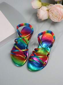 Sandalias de verano planas estilo princesa de niña con diseño arcoíris, sandalias versátiles de moda para exterior - Multicolor - Ver 3