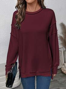 Women's Long Sleeve Shirt, Autumn Ribbed Loose Oversized Sweatshirt, Casual Side Slit Drawstring Waist Top - Wine Red - View 3