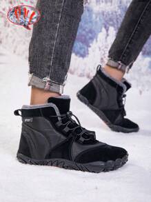 男士冬季骑行鞋户外鞋休闲保暖冬鞋女士冬季高帮旅游鞋雪地靴保暖防风重型工作靴厚高帮雪地靴 - 黑色 - 查看 6