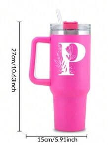 1 pezzo Borraccia personalizzata in acciaio inossidabile da 40 once con stampa di lettere dall'A alla Z, con cannuccia e coperchio, tazza da viaggio portatile per latte e caffè, regalo per vacanze, damigella d'onore, sposa, per famiglia e amici - Fucsia - Visualizzare 5