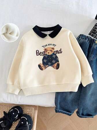 Young Boy Color-Block Cartoon & Slogan Print Thermal Lined Polo Collar Sweatshirt