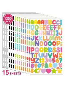 15 feuilles/1350 pièces Ensemble d'autocollants de lettre de bande dessinée, matériaux de scrapbooking DIY, autocollants décoratifs de lettres