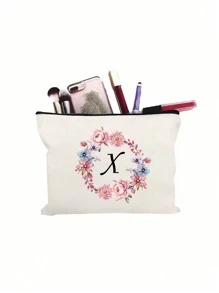 1pc Fashionable And Simple Printed Patchwork Cosmetic Bag, White Small Bag, Peony Wreath Black Letters A-Z, Cosmetic Bag, Portable Toiletry Bag, Birthday Gift, Reusable Cosmetic Bag, Simple Large-Capacity Travel Cosmetic Bag, Headphones, Accessories Storage, Coin Purse, Multi-Functional Portable Gift, Portable Leisure Storage Bag, - Letter Toiletry Bag - View 11