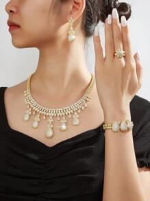 5 Pieces Luxury Pearl, Crystal & Zirconia Jewelry Set - Necklace, Earrings, Ring, Bracelet, Suitable For Parties, Galas, Daily Wear, Wedding Gowns, Gift For Girlfriend, Mother, Teacher