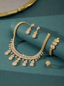 5 Pieces Luxury Pearl, Crystal & Zirconia Jewelry Set - Necklace, Earrings, Ring, Bracelet, Suitable For Parties, Galas, Daily Wear, Wedding Gowns, Gift For Girlfriend, Mother, Teacher