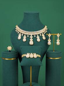 5 Pieces Luxury Pearl, Crystal & Zirconia Jewelry Set - Necklace, Earrings, Ring, Bracelet, Suitable For Parties, Galas, Daily Wear, Wedding Gowns, Gift For Girlfriend, Mother, Teacher