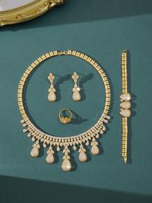 5 Pieces Luxury Pearl, Crystal & Zirconia Jewelry Set - Necklace, Earrings, Ring, Bracelet, Suitable For Parties, Galas, Daily Wear, Wedding Gowns, Gift For Girlfriend, Mother, Teacher