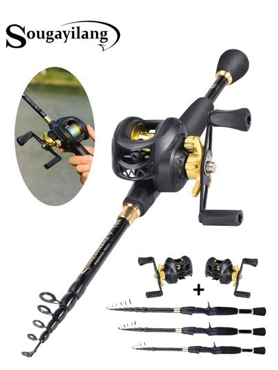 SOUGAYILANG ชุดคันเบ็ดและรอกเบสคาสติ้งอัตราทดเกียร์สูง 7.2:1 แบบพื้นฐาน/น้ำหนักเบาและพกพาสะดวก คันเบ็ดแบบยืดหดได้ไฟเบอร์คาร์บอนแบบพกพาที่ทนทานเป็นพิเศษ, การหล่อที่ราบรื่น, ระบบลากที่แข็งแกร่ง, เหมาะสำหรับการจับปลาดุก, ปลาแซลมอน, ปลากะพงและอีกมากมาย!