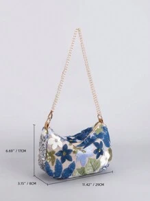 亮片刺绣链条单肩包，经典设计刺绣花卉半圆形斜挎包，女士时尚撞色亮片拼接拉链晚宴包。首选包型，多用途包，可斜挎，链条对折后可单肩。（图案位置随机剪裁）