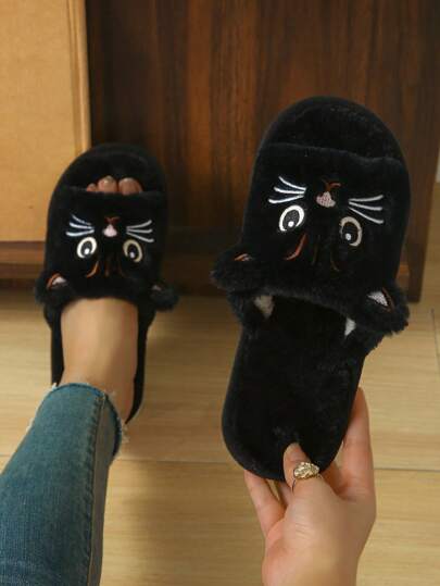 Pantuflas cómodas de mujer con piel de gato en negro y blanco - Piel suave, suela de EVA antideslizante, se pueden lavar a mano o limpiar en seco, apropiadas para uso en interiores - Adecuadas para todas las estaciones