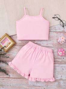 Chatreadl 少女两件套可爱休闲小猫蝴蝶结印花吊带夏季 - 粉色 - 查看 2