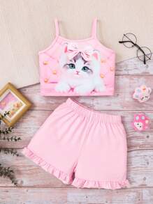 Chatreadl 少女两件套可爱休闲小猫蝴蝶结印花吊带夏季 - 粉色 - 查看 1