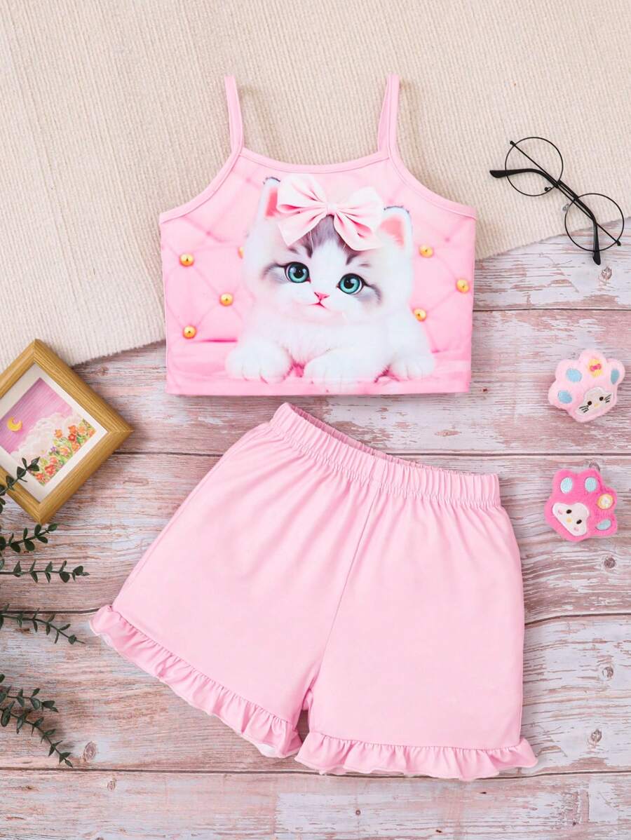 Chatreadl 少女两件套可爱休闲小猫蝴蝶结印花吊带夏季 - 粉色 - 查看 1