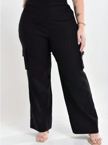 Women's Plus Size Flare Cargo Pants Lift Butt High Waist Foreign Style Fashion - 黑色 - 查看 5