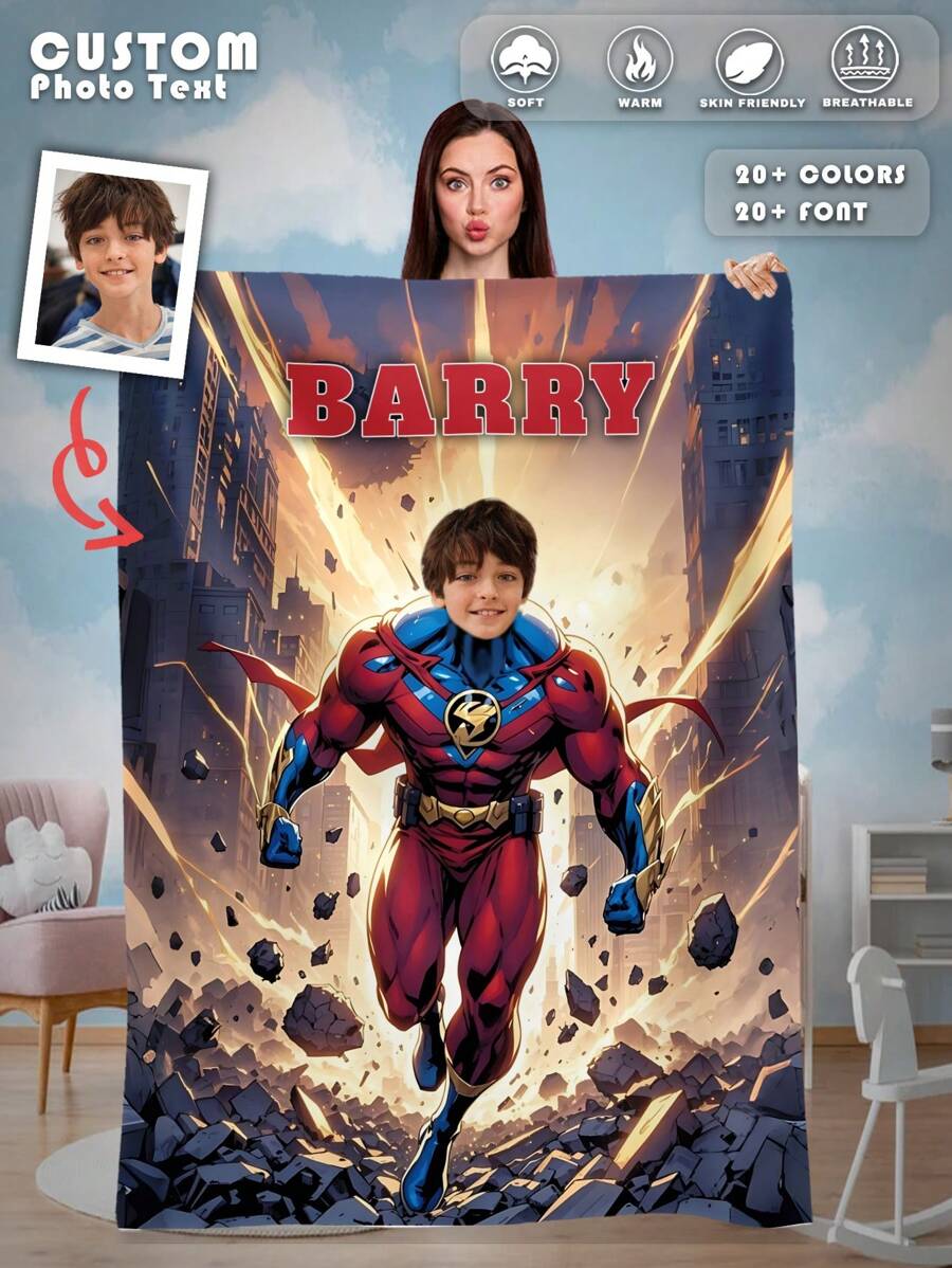 1pc Custom Flannel Photo Blanket For Bed,Personalized Gift, Good Christmas Gifts,Personalized Blankets,Bedding Blanket,Gifts For K,Boys,Flash,Super,Superhero Custom Face Blanket, Personalized Blanket With K Face,Hero Suit Pattern,Superhero Blanket For C, Name Plush Blanket Little Boys,Space Planet Background Blanket,Best Friend Photo/Text Blanket, Cozy Blanket,Family Gift, Wedding Gift, Birthday Gifts - Superhuman - View 1