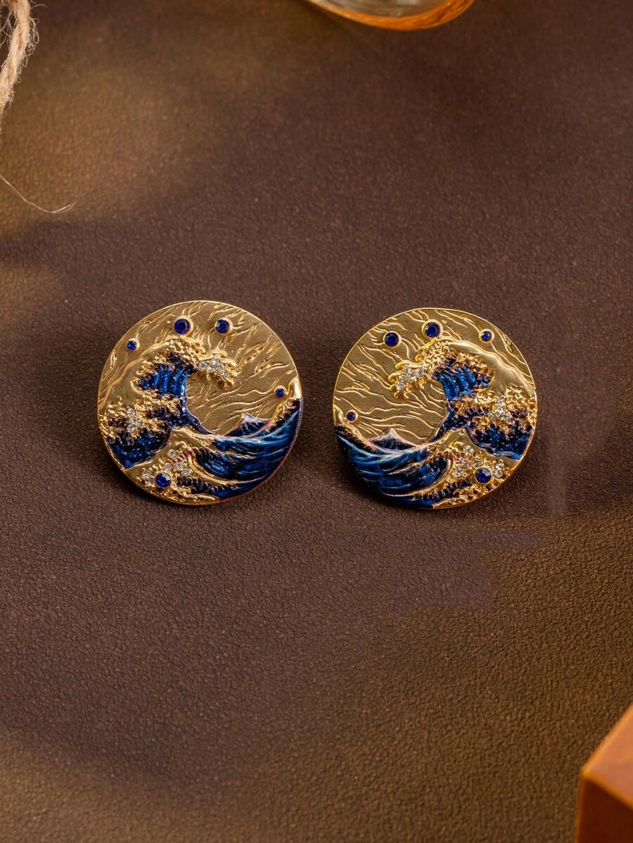 1 Pair Japanese Kanagawa Wave Design Stud Earrings, Everyday Wear Ladies Jewelry - Blue - View 1
