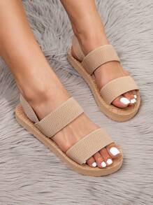 Sandalias universales de estilo americano retro con estampado geométrico y suela kaki, de correa elástica, estilo romano, de atmósfera simple y clásica, cómodas y ligeras, transpirables, de punta redonda y planas, para las cuatro estaciones - Caqui - Ver 4