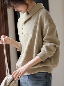 YUXIN 优雅中国风复古领口女式运动衫，新款春冬时尚纹理装饰休闲上衣