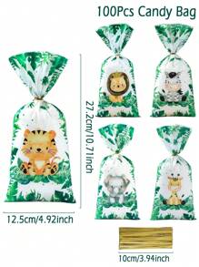 100个森林动物礼品袋，带扭绳，森林动物主题生日派对礼品包装用品，森林动物礼品包装用品，派对小礼物，生日礼物，派对礼物，返校礼物，情人节礼物 - 綠色 - 查看 10