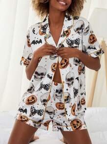 Women's Holiday Pajamas Set Cute Santa Claus/Pumpkin Print Short Sleeve Lapel Button Tops Shorts Loungewear For Christmas/Halloween - 銀色 - 查看 3